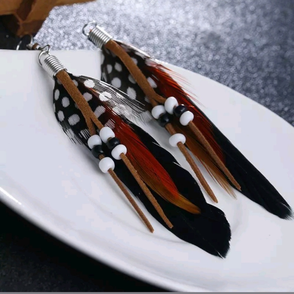 BOHO Black Feather and Beaded Festival Earrings